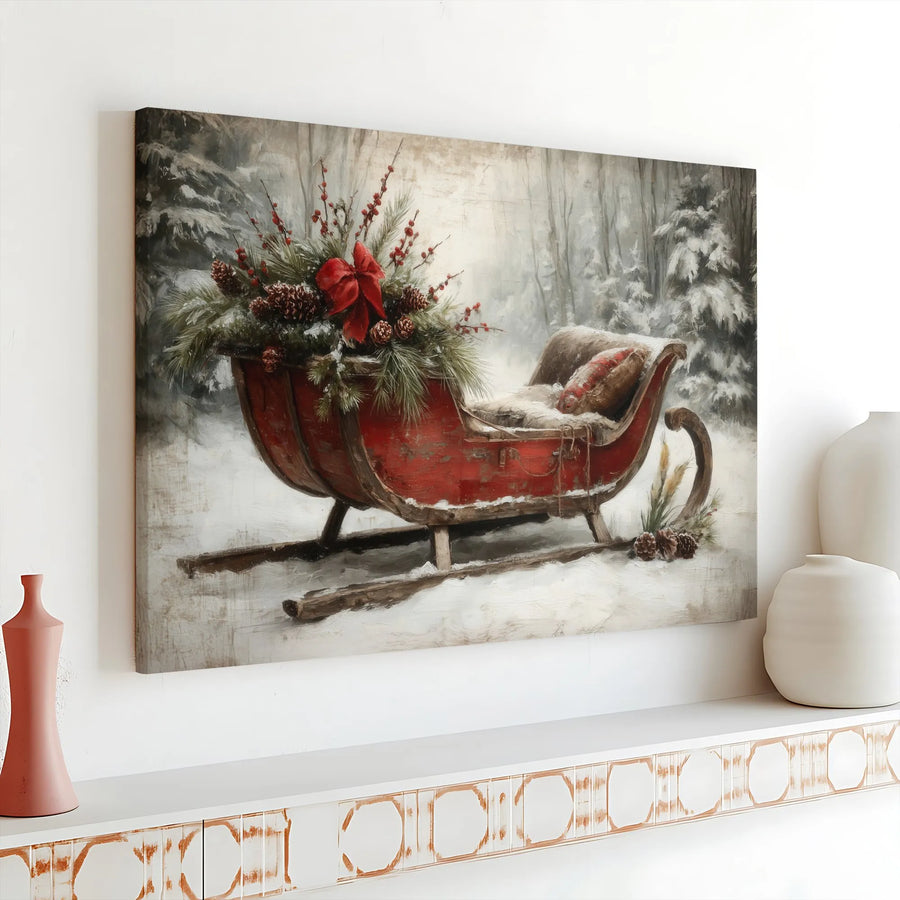 Vintage Christmas Sleigh Wall Art | Snowy Forest Winter Landscape | Premium Gallery Wrapped Canvas | Holiday Home Decor Gift