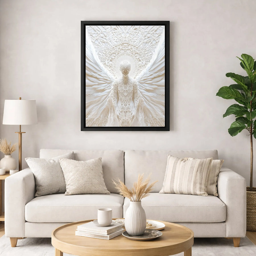 White Lace Angel Wall Art | Ethereal Feather Wing Canvas Print | Premium Gallery Wrapped Decor | Spiritual Home Office Gift