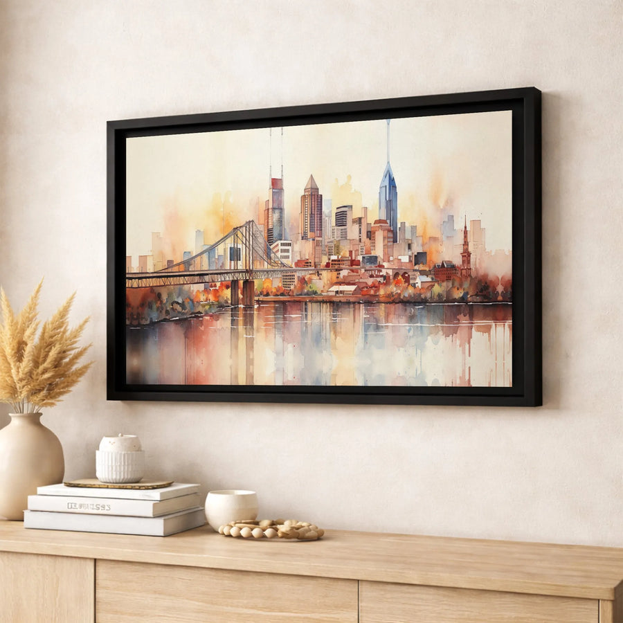 Philadelphia Skyline Canvas Art | Ben Franklin Bridge Watercolor Print | Premium Gallery Wrapped Wall Decor | Cityscape Home Office Gift