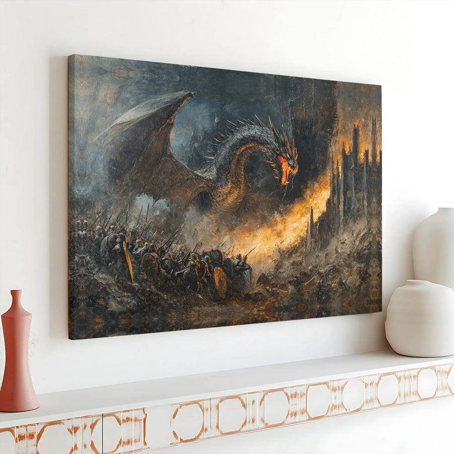 Dragon Wall Art Canvas | Epic Fantasy Battle Scene Fire Breather | Premium Gallery Wrapped Decor | Gift for Fantasy Fans & Gamer Room