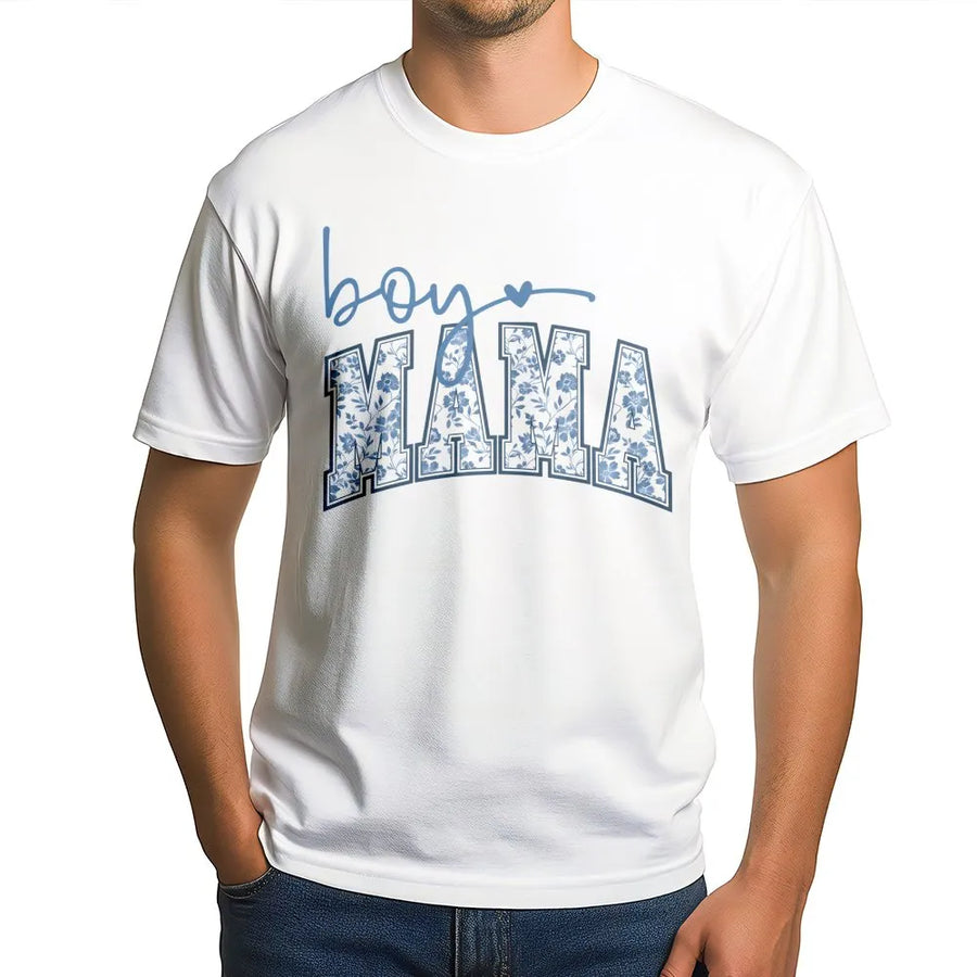 Boy Mama T-Shirt | Floral Varsity Letter Print | Premium Soft Cotton | Stylish Motherhood Gift for New Moms and Baby Shower
