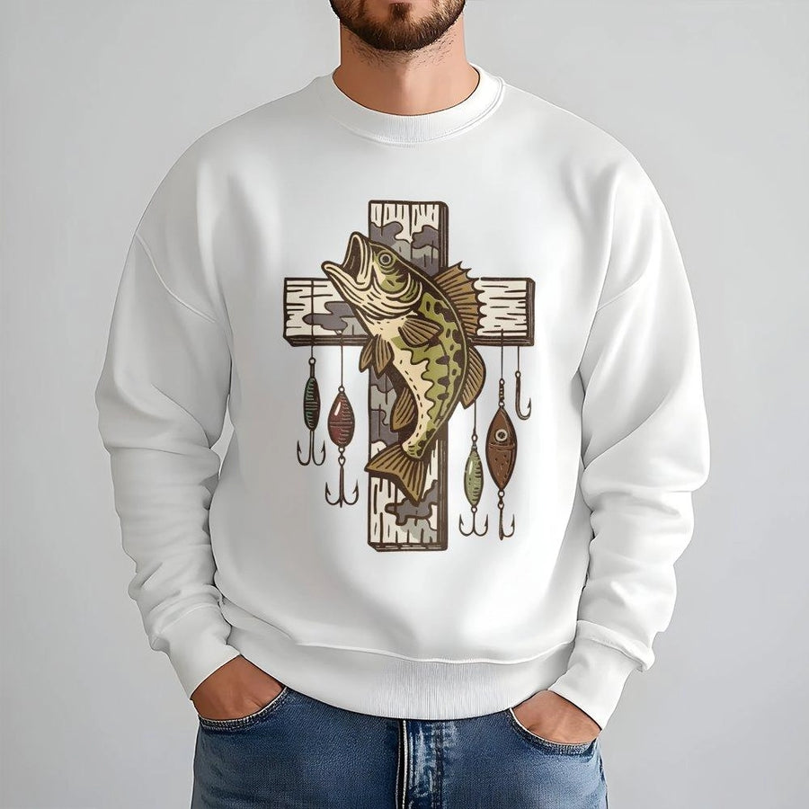 Fishing Cross Sweatshirt | Faith and Fish Camo Graphic | Premium Cotton Blend | Christian Fisherman Gift for Men and Women