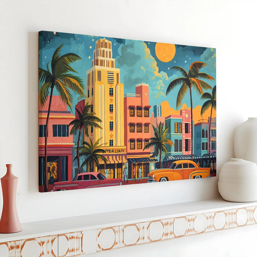 Miami Art Deco Canvas Wall Art | Vibrant Cityscape With Palm Trees and Vintage Cars | Premium Gallery Wrapped Print | Modern Home Decor Gift