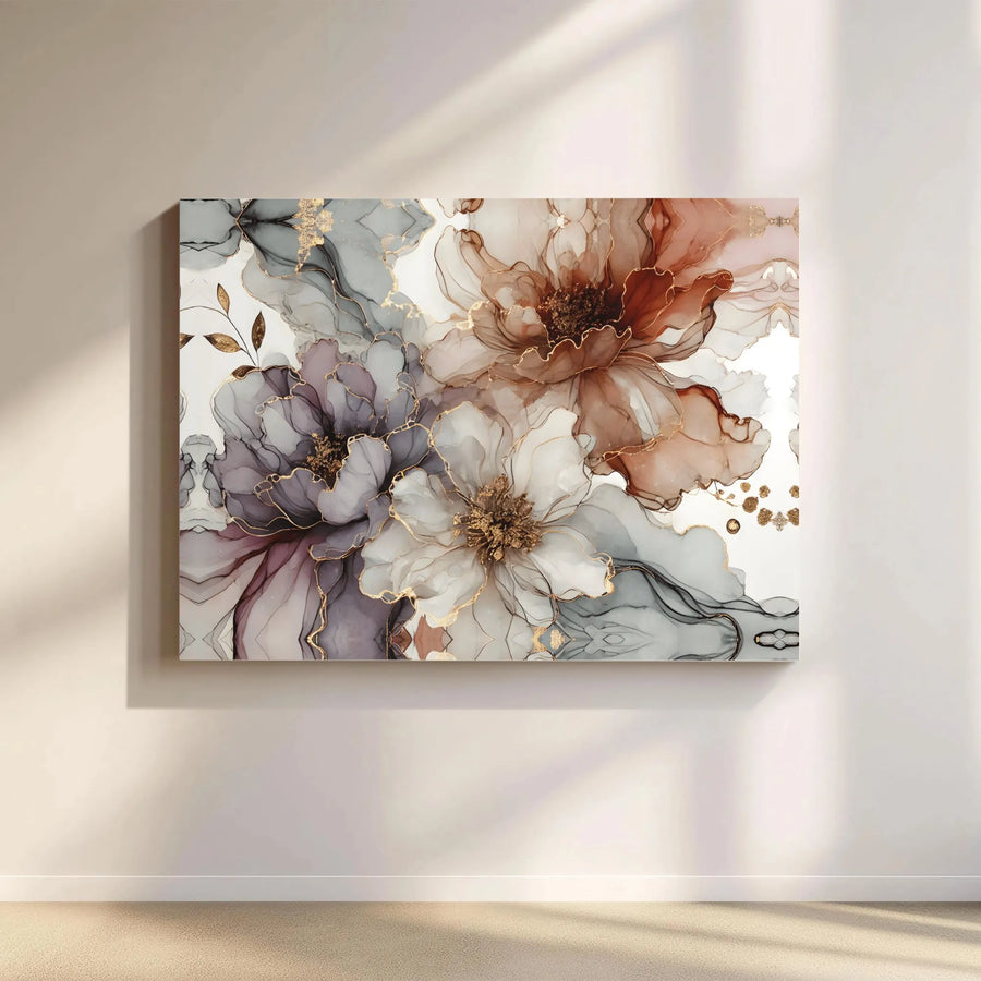 Elegant Floral Canvas Wall Art | Abstract Alcohol Ink Painting with Gold Accents | Premium Gallery Wrapped Print | Modern Living Room or Bedroom Decor