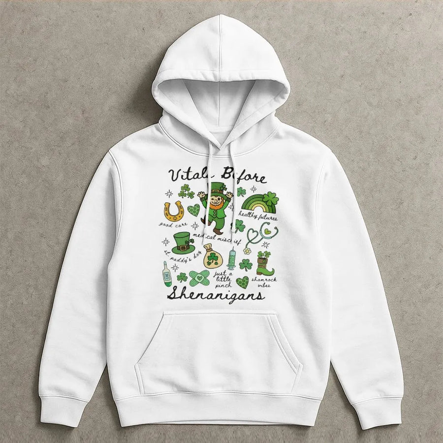Vitals Before Shenanigans Hoodie | St Patrick’s Day Nurse Gift | Premium Cotton Blend | Funny Healthcare Worker St. Paddy's Day Apparel