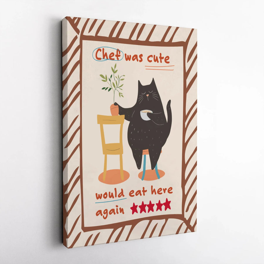 Black Cat Kitchen Wall Art | Chef Was Cute 5 Star Review Print | Premium Gallery Wrap Canvas | Funny Cat Lover Home Decor Gift