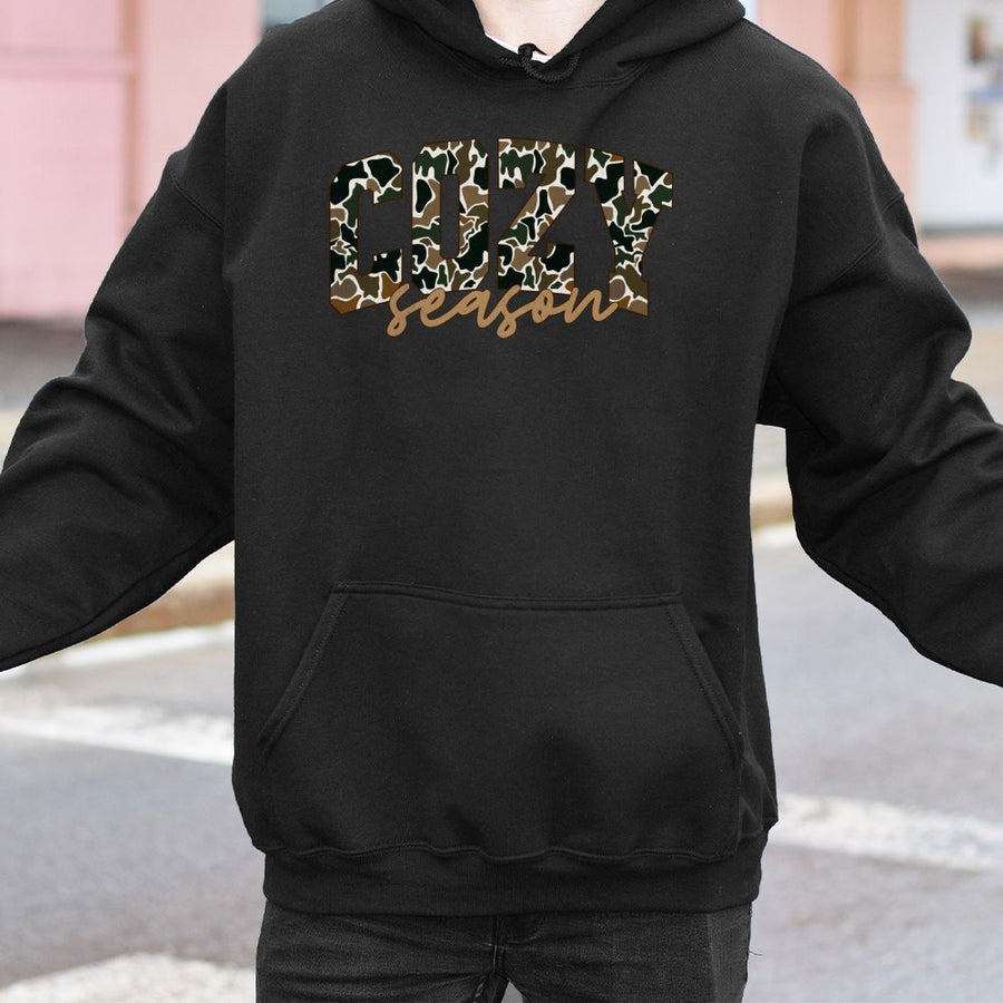 Cozy Season Hoodie | Camo Print Graphic Sweatshirt | Premium Cotton Blend | Fall Winter Apparel for Women and Men