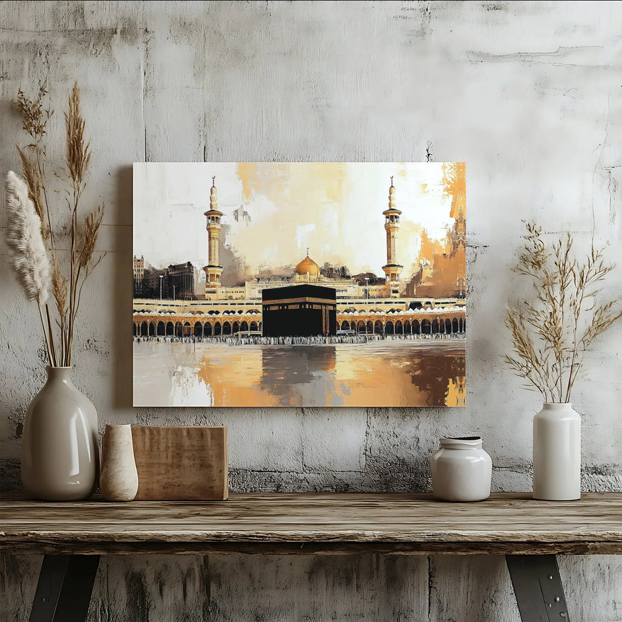 Kaaba Mecca Islamic Horizontal Canvas | Abstract Gold Masjid al-Haram Wall Art | Premium 1.25" Gallery Wrap | Spiritual Muslim Home Decor Gift
