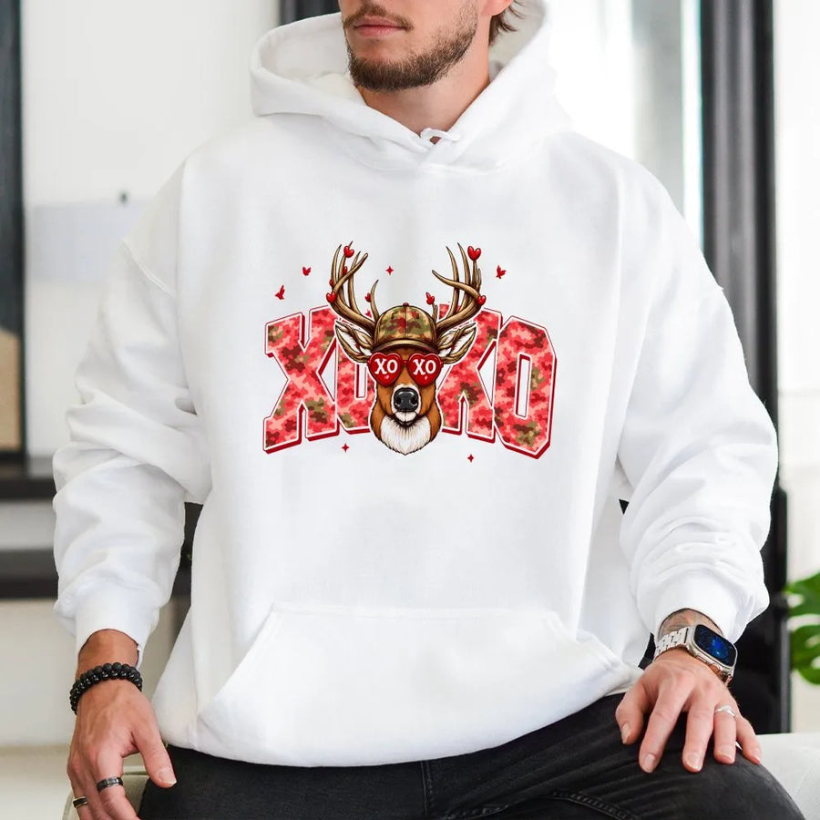 Valentine Deer Hoodie | Pink Camo XOXO Graphic with Heart Sunglasses | Premium Soft Cotton Blend | Valentine's Day Gift for Her