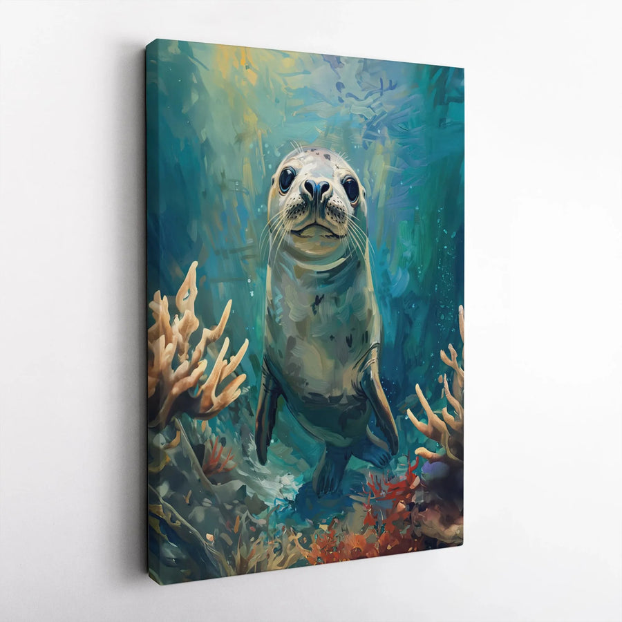 Cute Seal Canvas Wall Art | Whimsical Ocean Coral Reef Painting | 1.25-Inch Gallery Wrap Print | Coastal Home Decor Gift for Animal Lovers