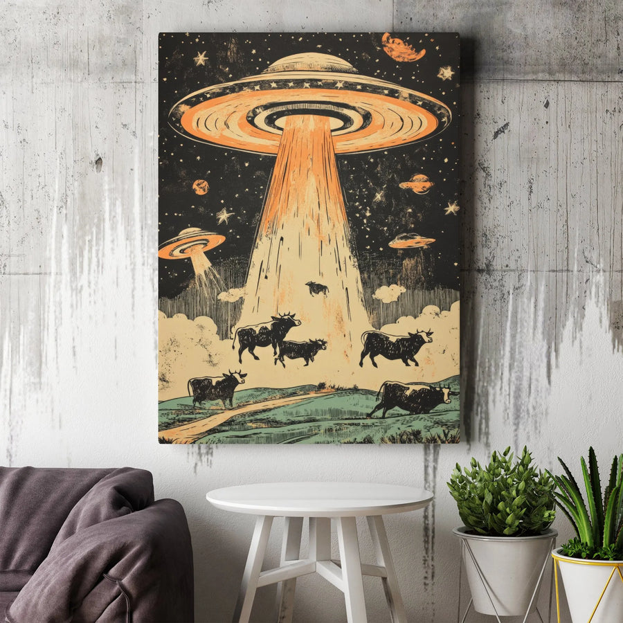 UFO Alien Abducting Cows Canvas Wall Art | Vintage Sci-Fi Space Print | Premium Gallery Wrap | Unique Gift for Astronomy and Alien Enthusiasts