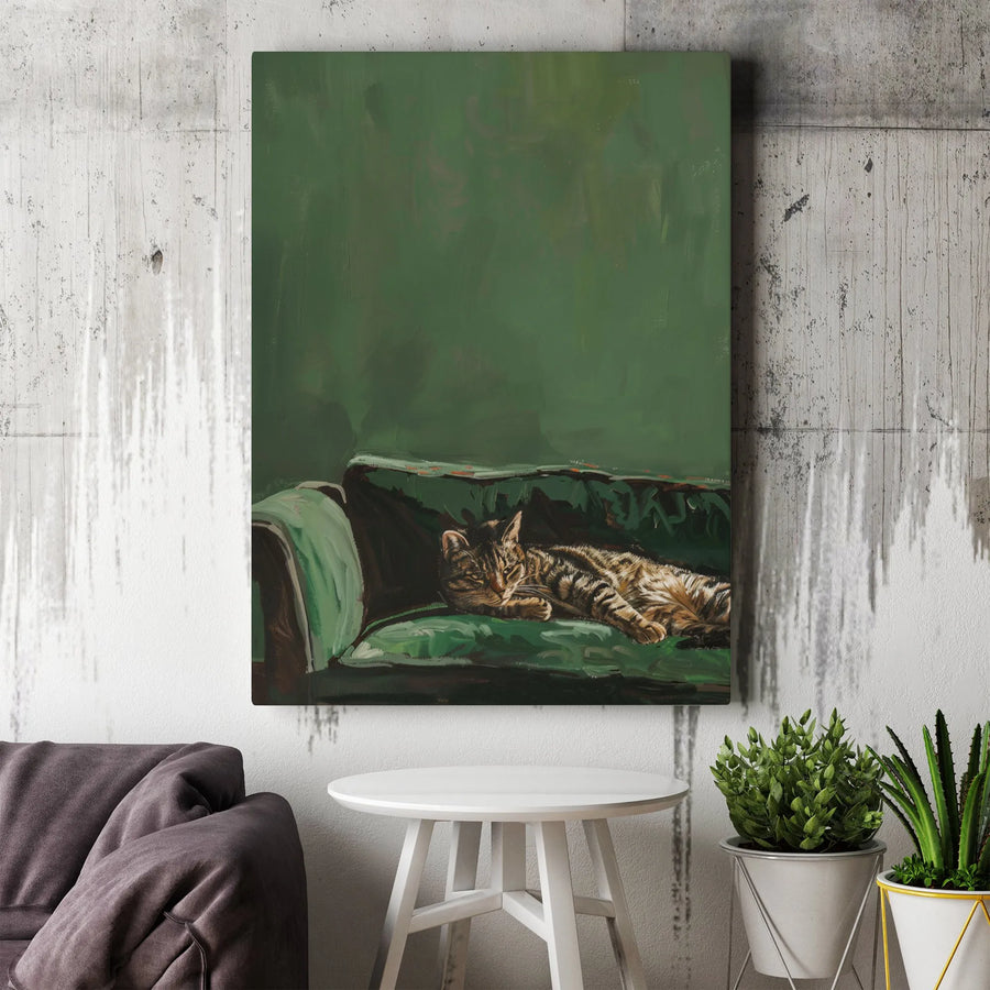 Tabby Cat Wall Art | Sleeping Cat on Velvet Green Sofa Painting | Premium Gallery Wrapped Canvas | Cozy Home Decor Gift for Cat Lovers