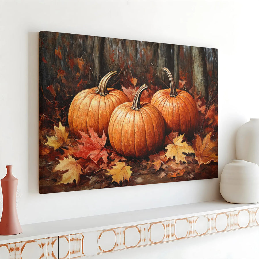Pumpkin Patch Canvas Wall Art | Rustic Forest Scene with Autumn Leaves | Premium Fade-Resistant Print | Seasonal Thanksgiving Home Decor Gift