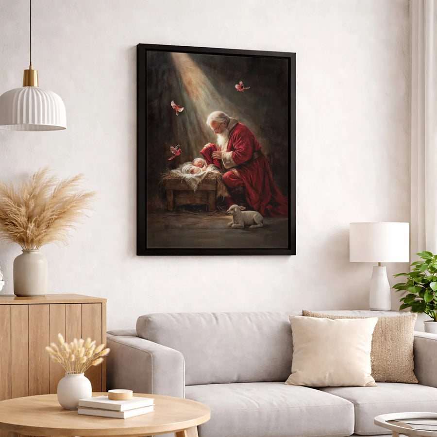 Santa Kneeling Before Baby Jesus Canvas | Religious Christmas Wall Art | Gallery-Quality Fade-Resistant Print | Holiday Home Decor Gift