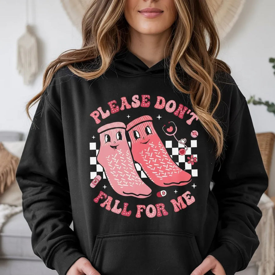 Nurse Valentine Hoodie | Please Don't Fall For Me Cute Graphic | Premium Cotton Blend | Gift For Student Nurses & Healthcare Workers