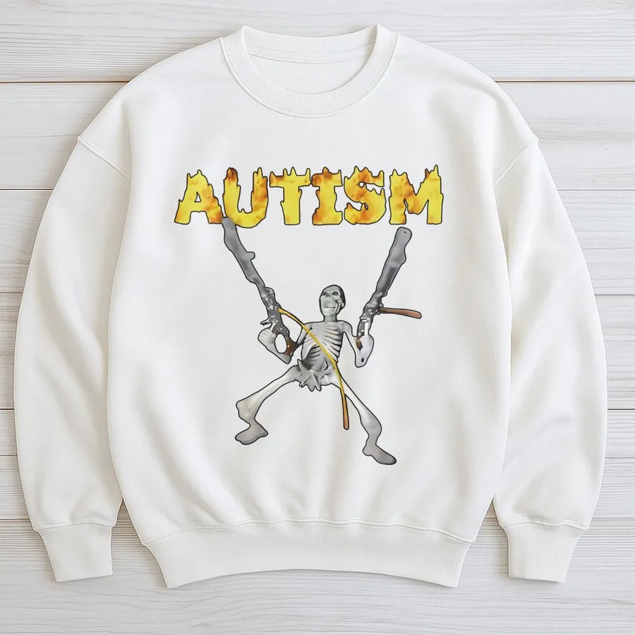 Autism Skeleton Meme Sweatshirt | Edgy Fire Text Graphic Design | Premium Cotton Blend | Funny Neurodivergent Gift For Men And Women