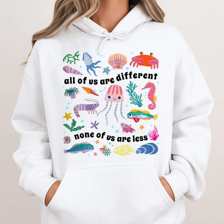 Neurodiversity Hoodie | All Of Us Are Different Sea Life Graphic | Premium Cotton Blend Pullover | Inclusive Autism Awareness Gift For Adults