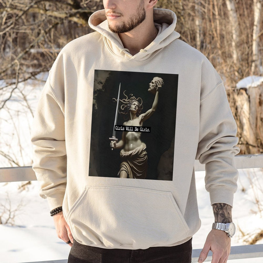 Medusa Graphic Hoodie | Girls Will Be Girls Feminist Art | Soft Cotton Blend Sweatshirt | Dark Academia Gift for Women