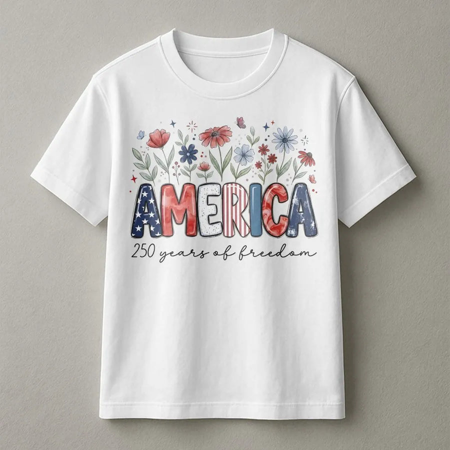 America 250th Anniversary T-Shirt | Patriotic Floral American Flag Graphic | Premium Cotton Blend | Commemorative 4th of July Gift for Patriots