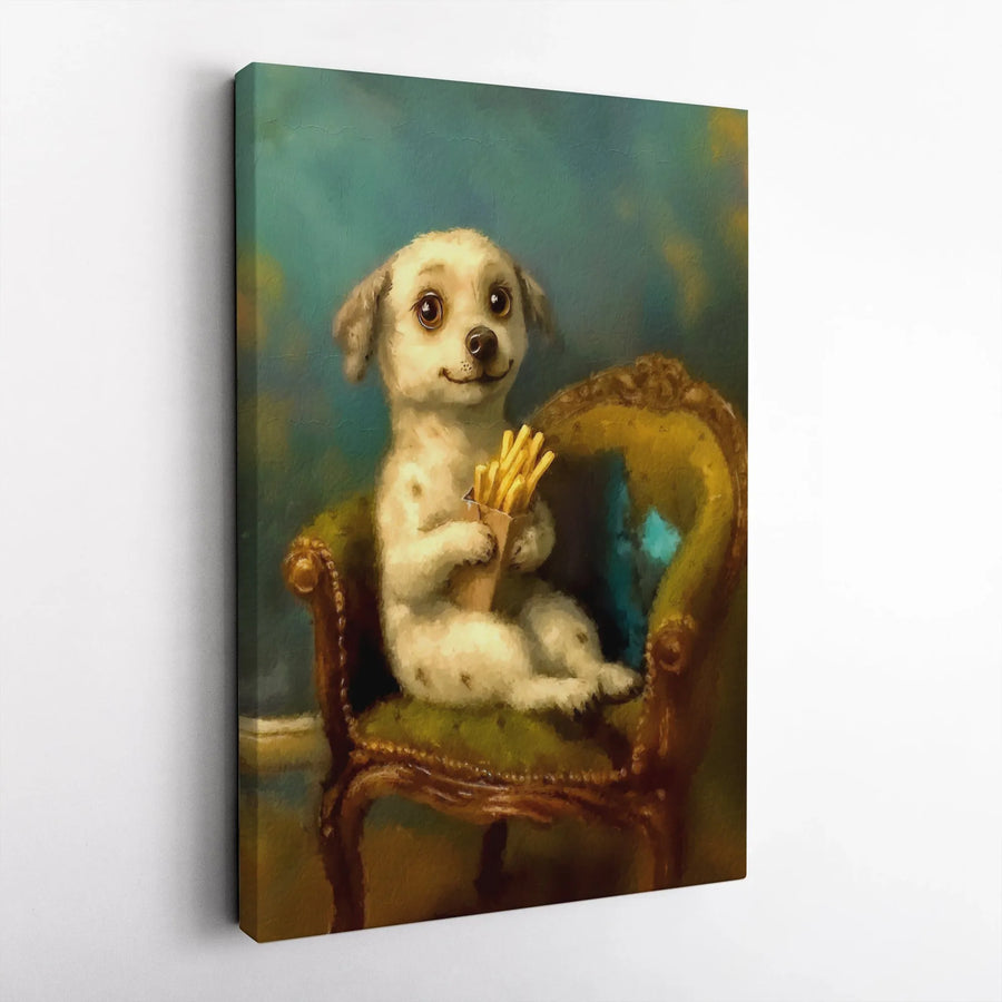Dog Eating French Fries Canvas Wall Art | Whimsical Puppy Portrait | 1.25-Inch Premium Gallery Wrap | Unique Funny Animal Home Decor Gift