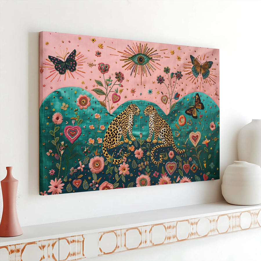 Boho Leopard Canvas Wall Art | Maximalist Floral Butterfly Print | Premium 1.25" Gallery Wrap | Spiritual Animal Home Decor Gift