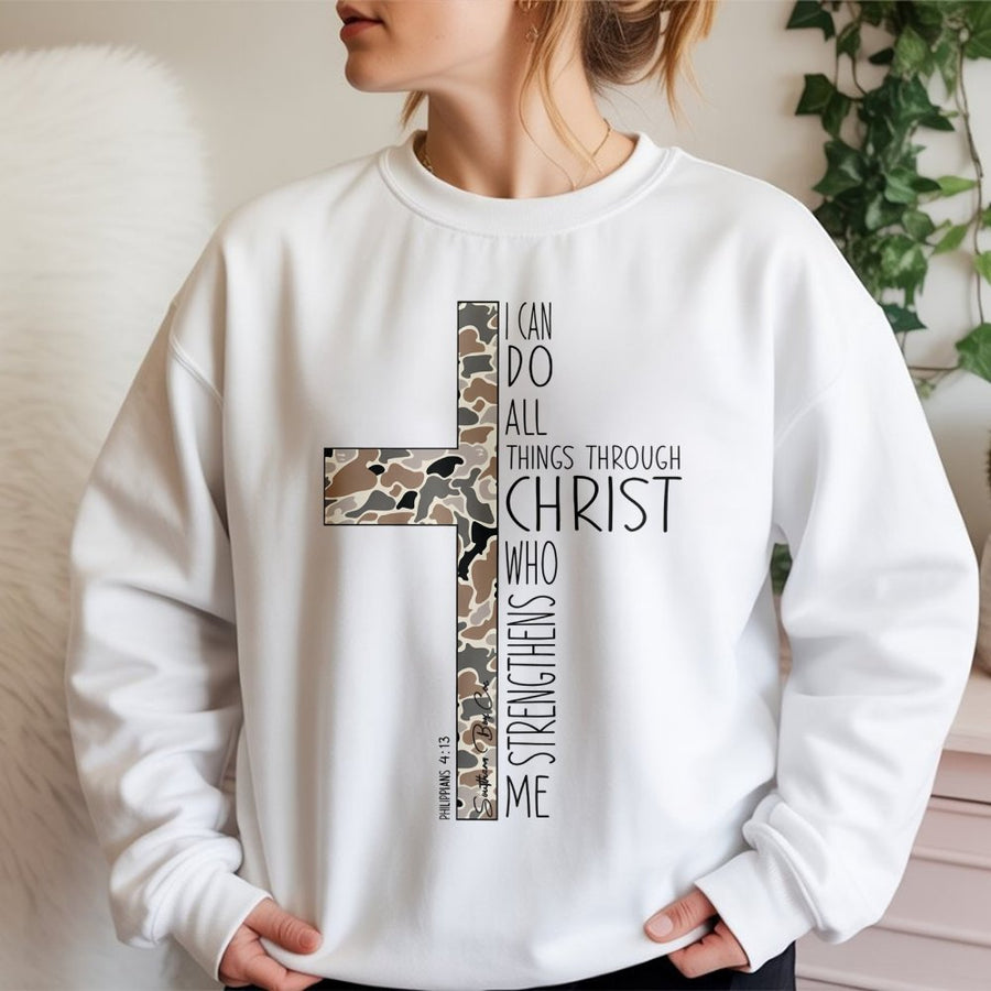 Philippians 4:13 Cross Sweatshirt | Camo Faith Bible Verse Graphic | Premium Cotton Blend | Christian Gift for Men and Women