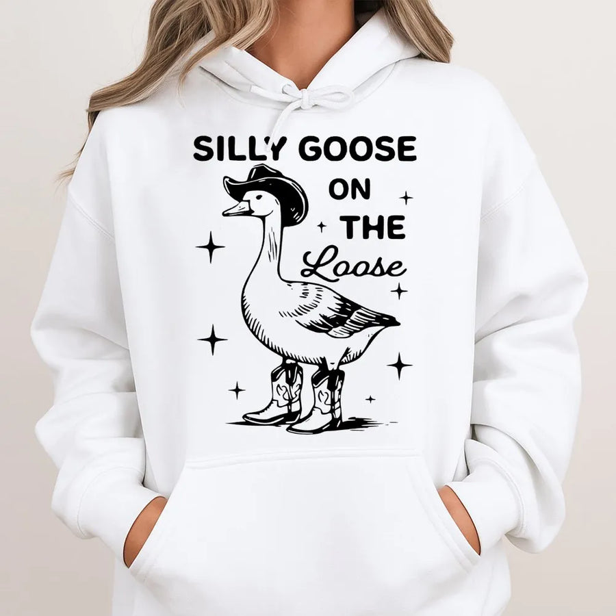 Silly Goose On The Loose Hoodie | Cowboy Goose Graphic Sweatshirt | Premium Cotton Blend Pullover | Cute Farm Animal Western Gift For Him Her