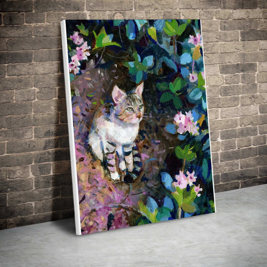 Impressionist Cat Canvas Wall Art | Tabby Kitten in Flower Garden Print | Premium 1.25" Thick Canvas | Modern Home Decor Gift for Cat Lovers