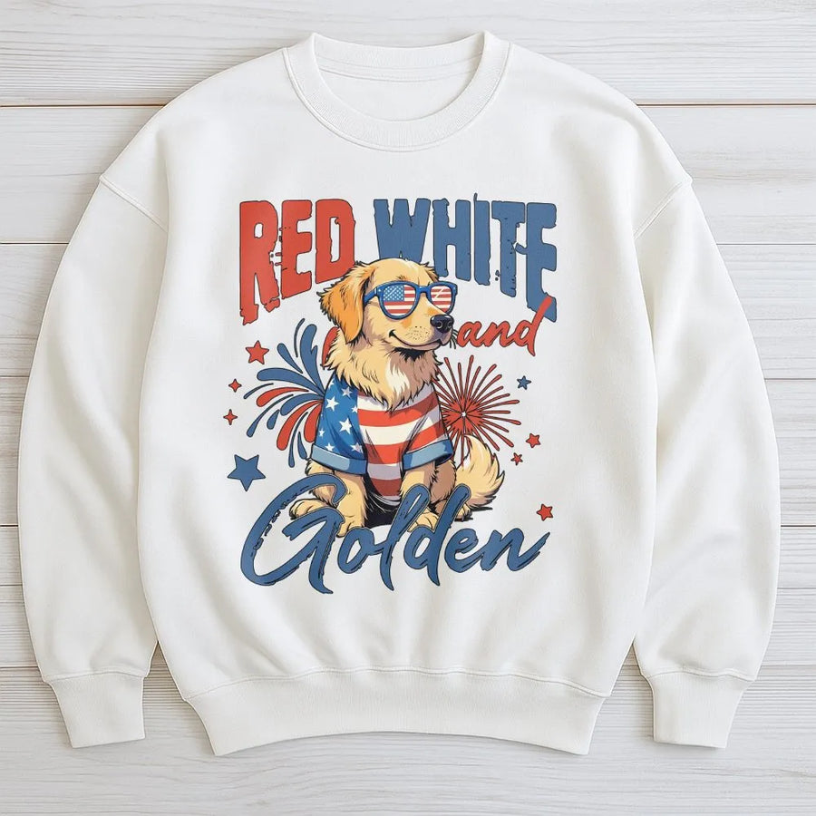 Red White and Golden Sweatshirt | Patriotic Golden Retriever USA Flag Design | Soft Cotton Unisex Tee | Independence Day Gift for Dog Mom