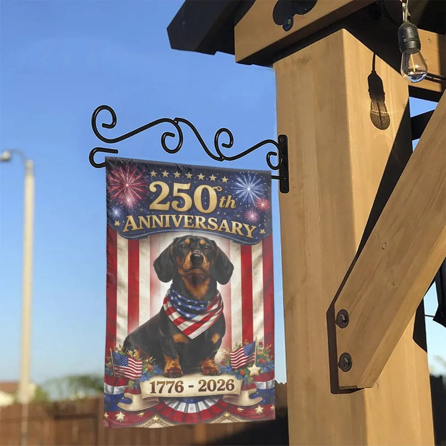 America 250th Anniversary Garden Flag | Patriotic Dachshund Dog | Weather-Resistant Double Sided Fabric | USA Sestercentennial Yard Decor Gift