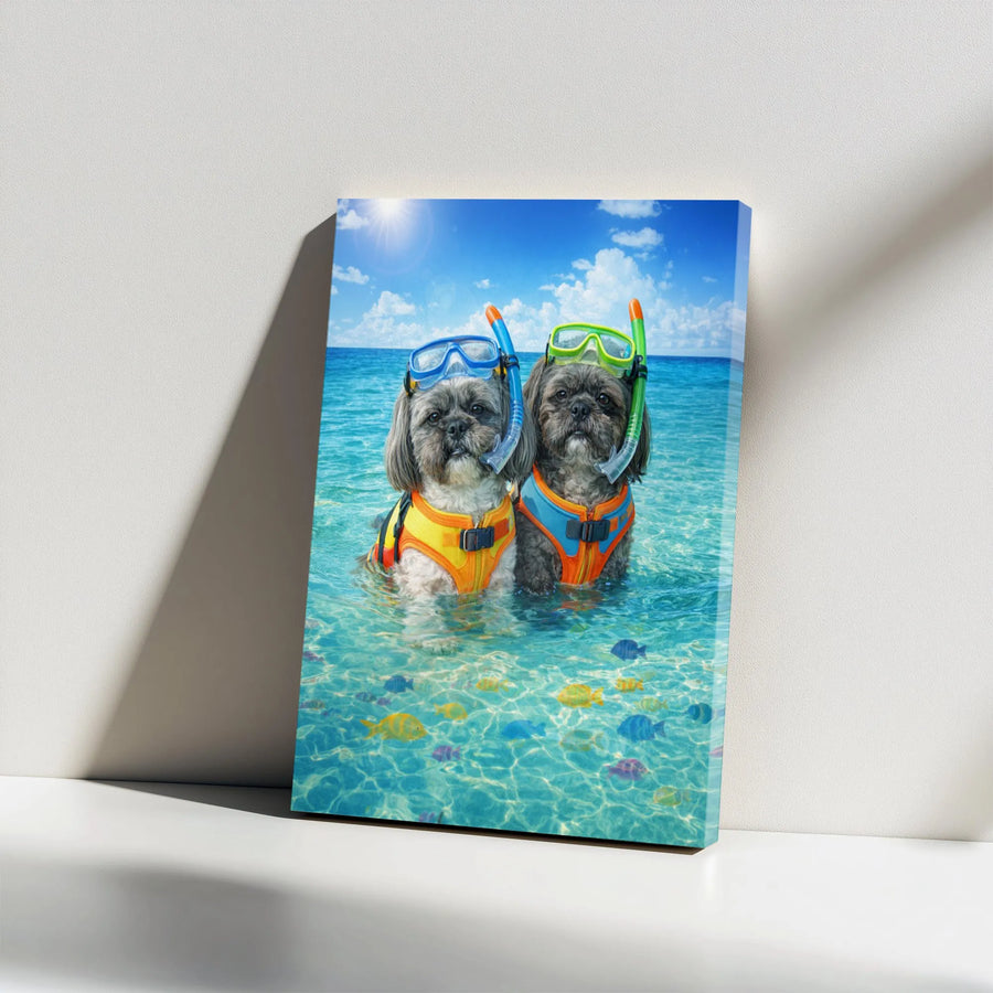 Funny Shih Tzu Canvas Wall Art | Snorkeling Dogs in Tropical Ocean | Premium Fade-Resistant Print | Unique Gift for Dog Lover & Beach House Decor