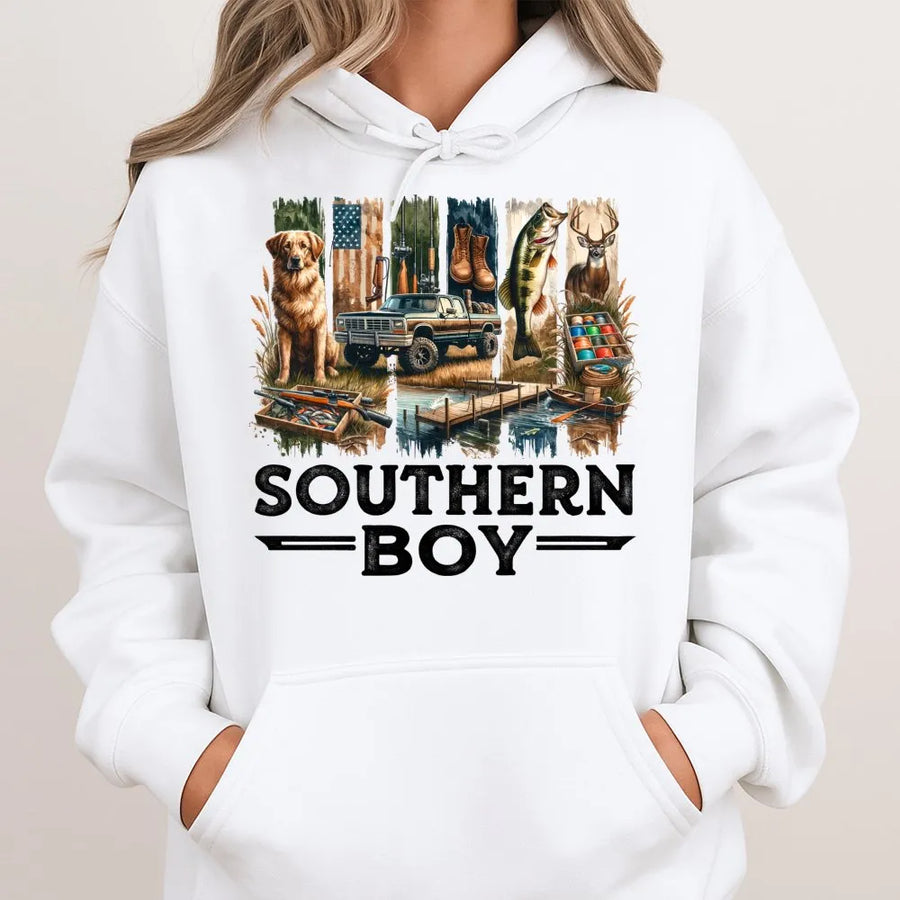 Southern Boy Hoodie | Country Life Outdoor Graphic | Premium Cotton Blend | Gift for Outdoorsmen Hunters Anglers