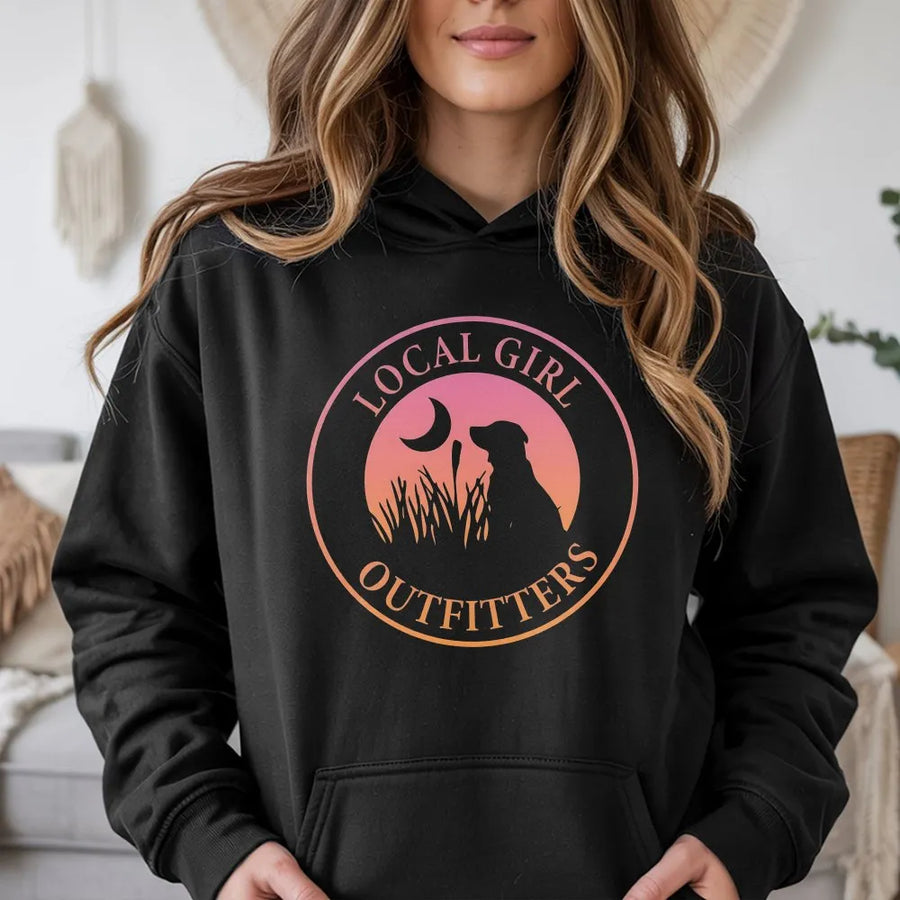 Local Girl Outfitters Hoodie | Dog Silhouette Crescent Moon Graphic | Premium Cotton Blend | Nature Lover Aesthetic Gift for Her