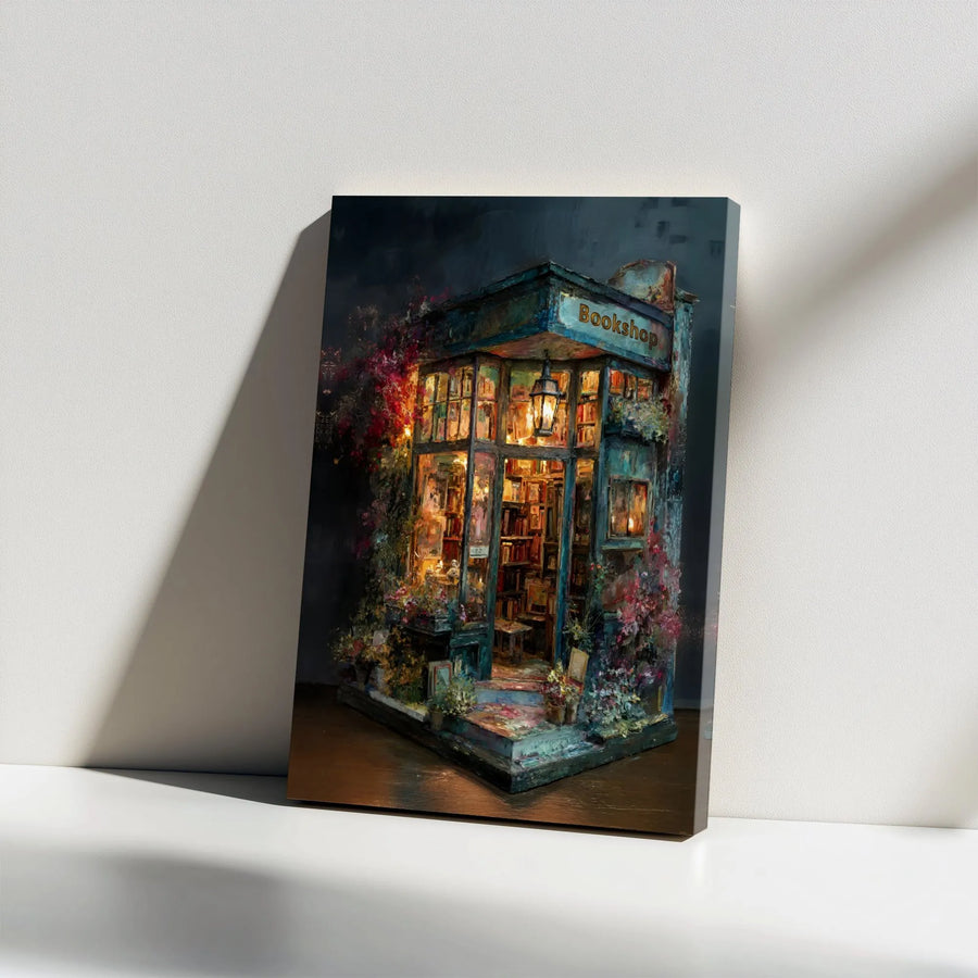 Bookshop Impressionist Canvas Wall Art | Cozy Night Library Scene with Flowers | 1.25 Inch Gallery Wrap | Premium Decor for Book Lovers