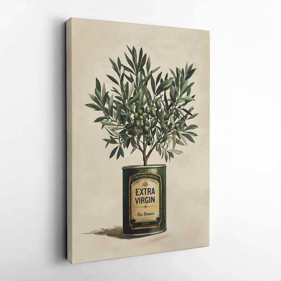 Olive Tree Canvas Wall Art | Vintage Olive Oil Can Illustration | Premium Gallery Wrap Print | Kitchen and Dining Room Decor