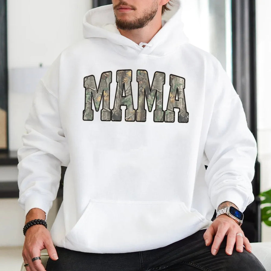 Camo Mama Hoodie | Varsity Letter Forest Print | Premium Cotton Blend | Gift for Outdoorsy Mom and Hunter Wife