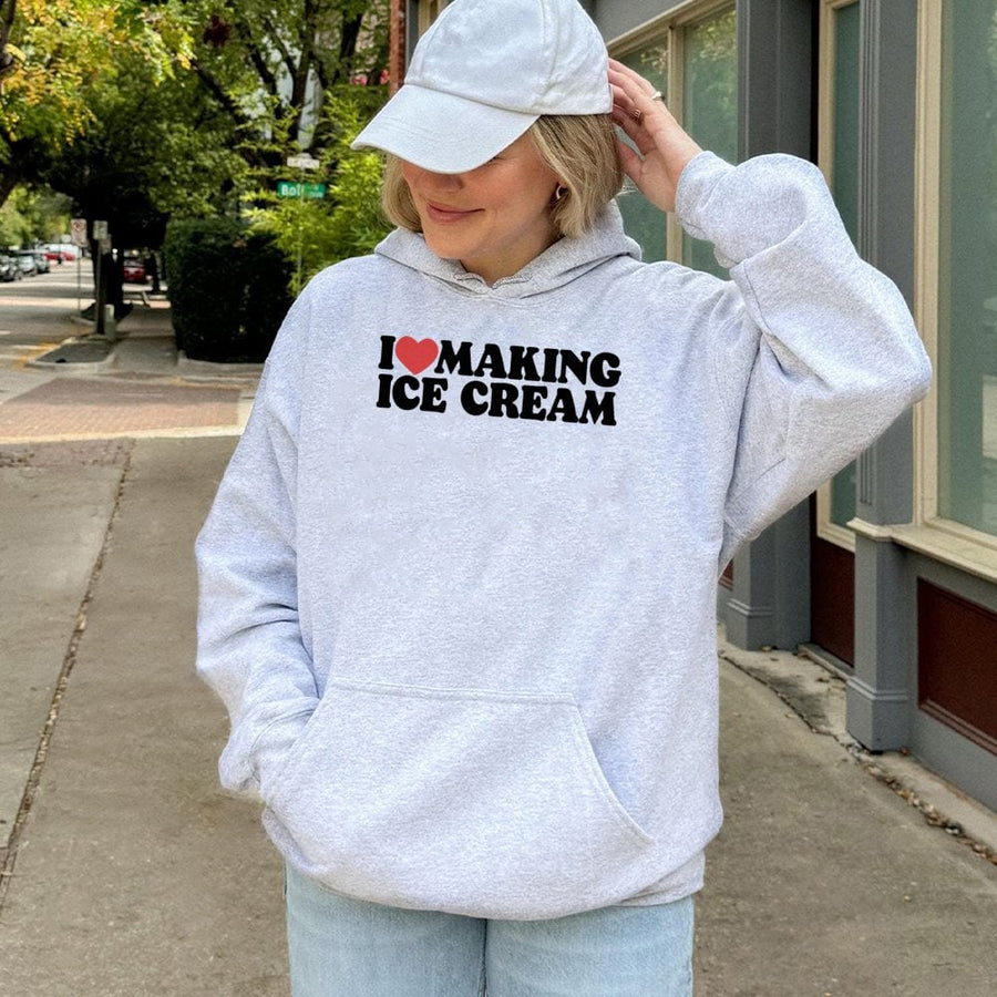 I Love Making Ice Cream Hoodie | Retro Heart Graphic Pullover | Premium Cotton Blend | Gift For Ice Cream Maker Or Dessert Lover