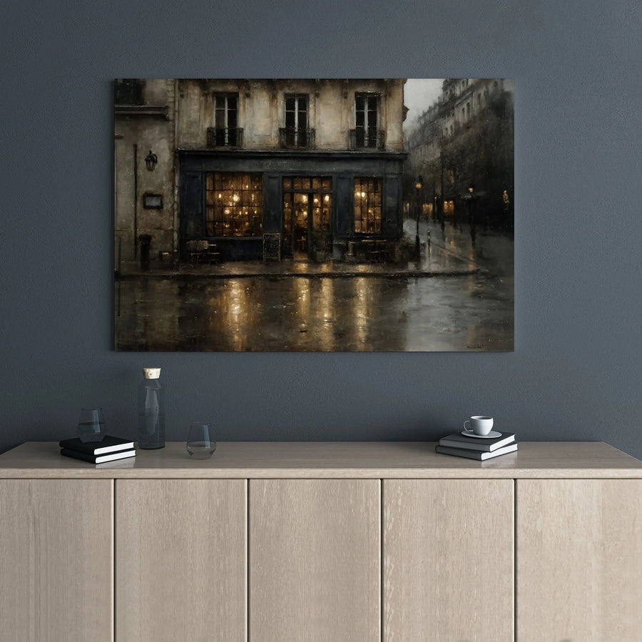 Rainy Paris Cafe Canvas Print | Moody Street Scene Wall Art | Premium 1.25 inch Gallery Wrap | Romantic Home Decor Gift
