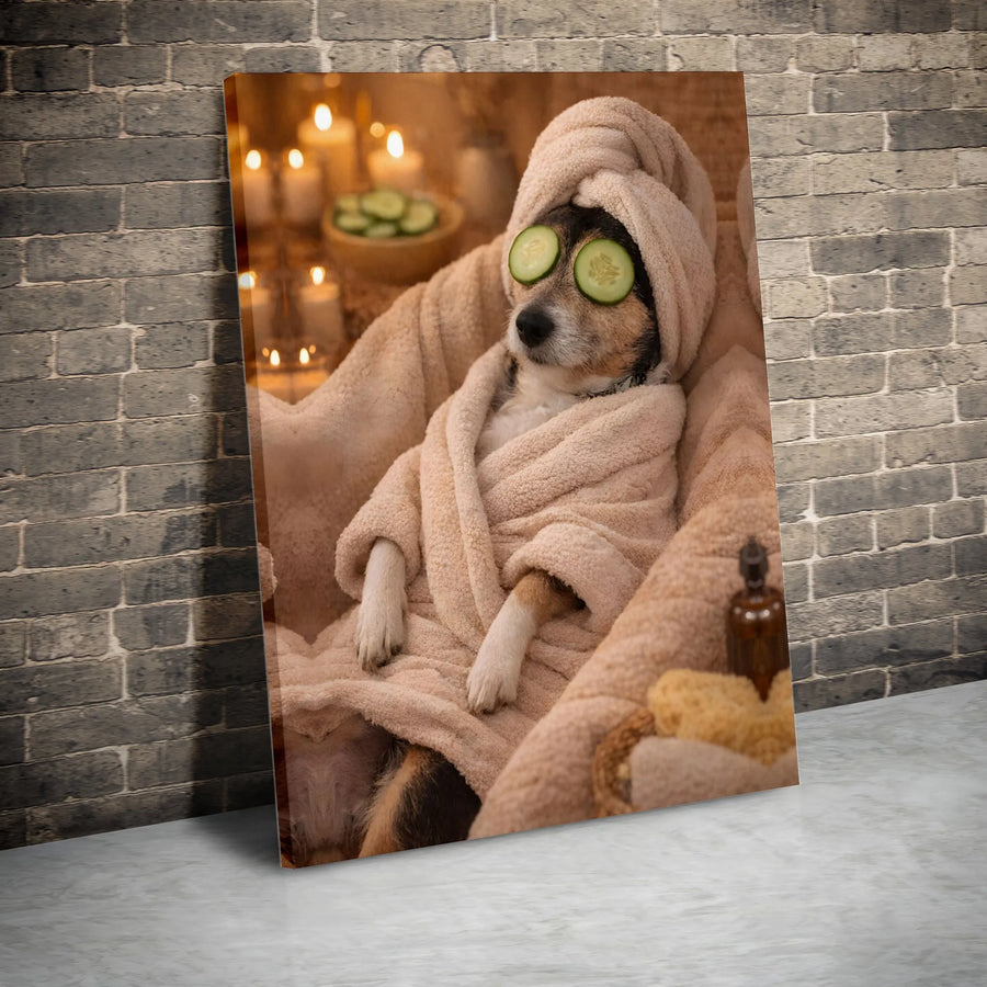 Dog Spa Wall Art | Relaxing Puppy in Bathrobe Canvas Print | Premium 1.25-inch Gallery Wrap | Funny Bathroom Decor Gift for Dog Lovers
