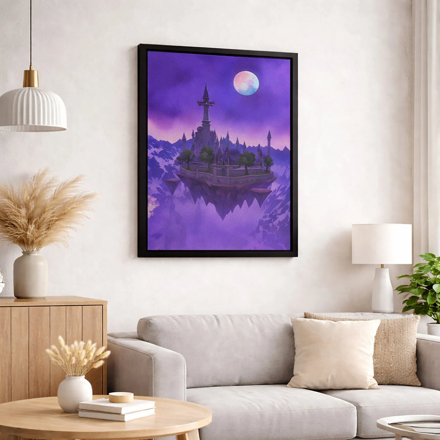 Floating Castle Canvas Wall Art | Fantasy Landscape Under Purple Moon | Premium Gallery Wrapped Print | Dreamy Bedroom Decor Gift