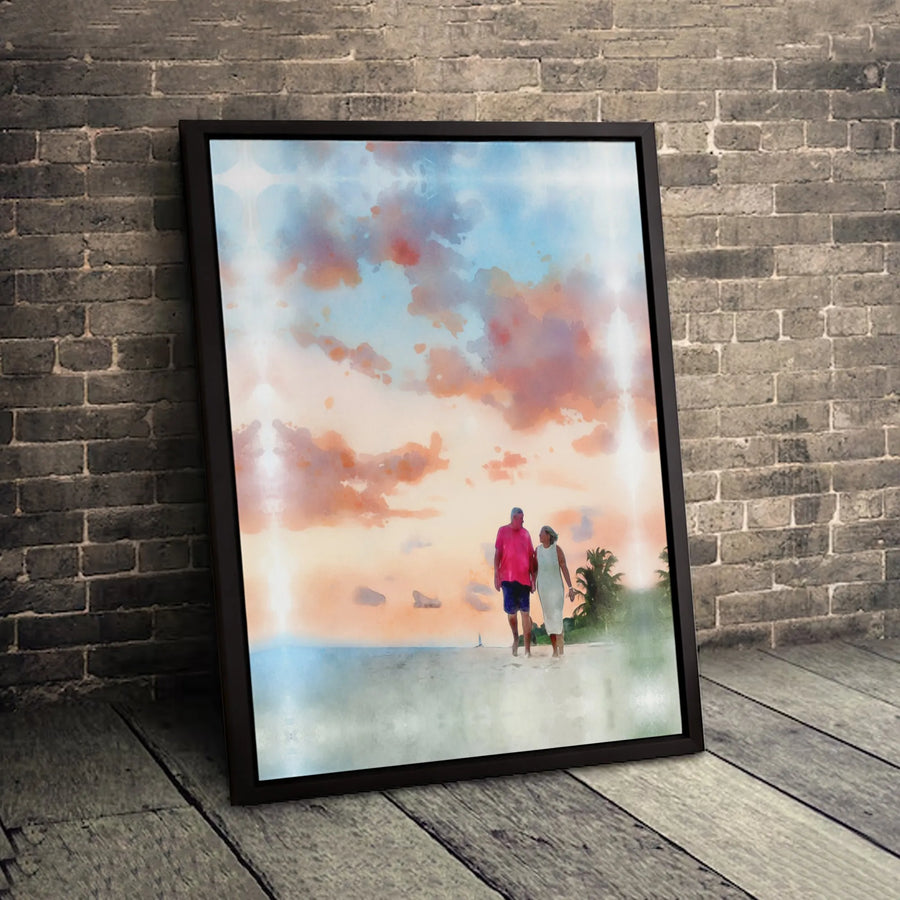 Elderly Couple Beach Sunset Canvas | Romantic Watercolor Wall Art | Premium Gallery-Wrapped Print | Meaningful Anniversary Gift for Parents