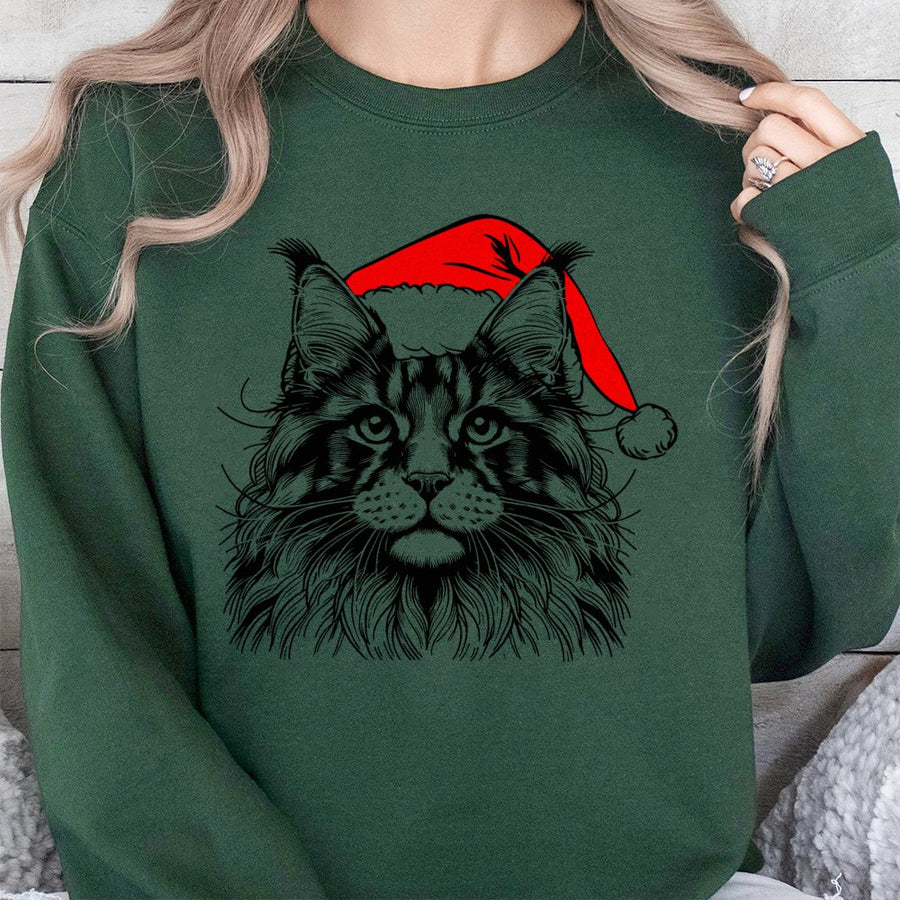 Maine Coon Christmas Sweatshirt | Festive Santa Hat Cat Design | Premium Cotton-Blend Fleece | Cozy Holiday Gift for Cat Lovers