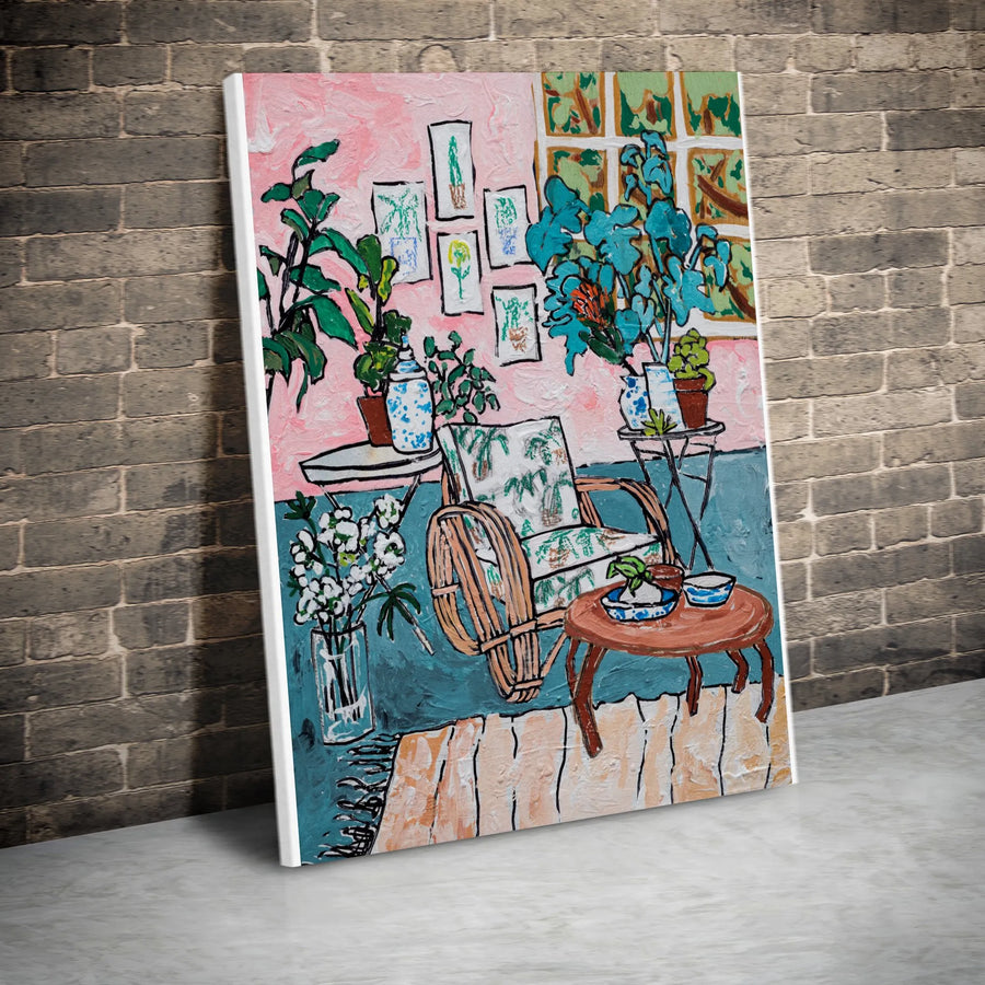 Tropical Plant Wall Art | Painterly Cane Chair & Botanical Room Scene | Premium Thick Profile Canvas | Gift for Home Decor Enthusiast