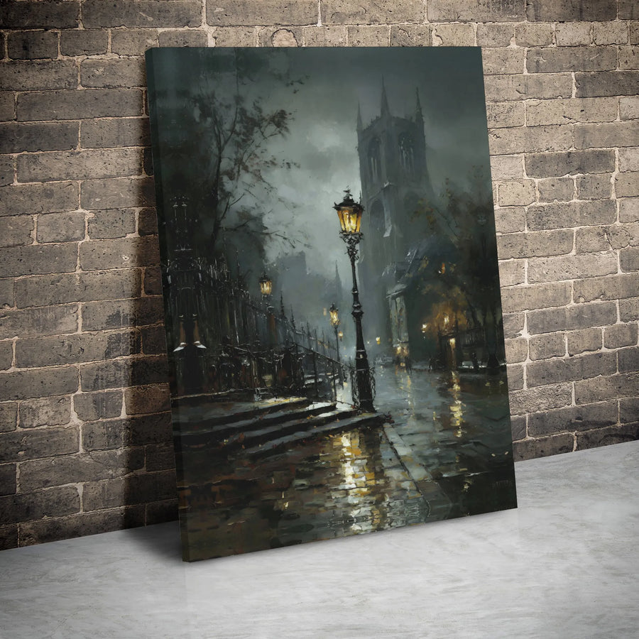 Moody Gothic City Street Canvas Print | Rainy Night Gas Lamp Wall Art | Premium Gallery Wrapped Decor | Dark Academia Gift for Home Office