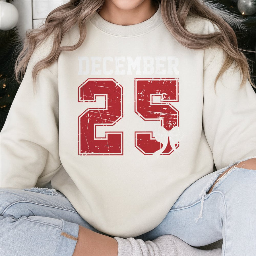 December 25 Christmas Sweatshirt | Retro Distressed Varsity Number Graphic | Premium Cotton Blend | Unisex Holiday Gift for Women and Men