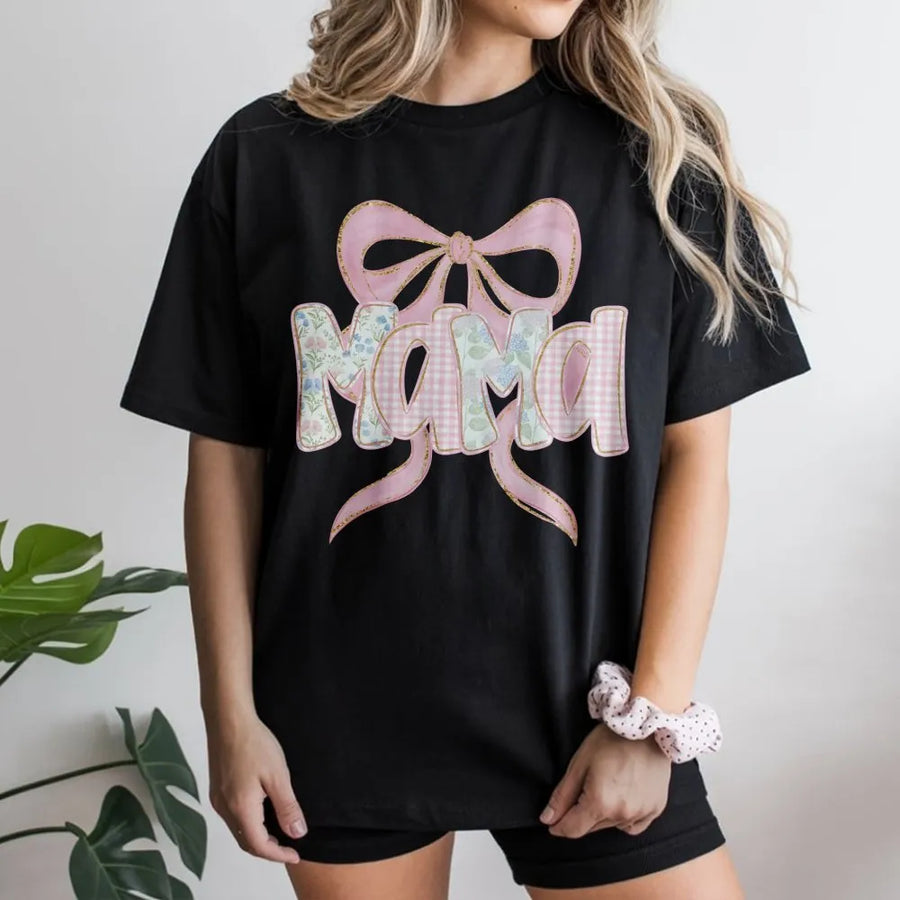 Mama Floral Bow T-Shirt | Trendy Coquette Aesthetic Graphic Tee | Premium Cotton Soft Shirt | Mother's Day 2026 Gift for New Mom or Pregnancy Reveal