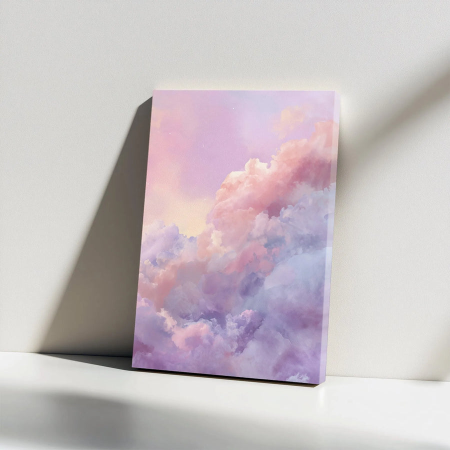 Pastel Cloudscape Vertical Canvas | Ethereal Pink and Purple Sky Art | Premium Gallery Wrapped Canvas | Modern Home Decor Gift for Bedroom