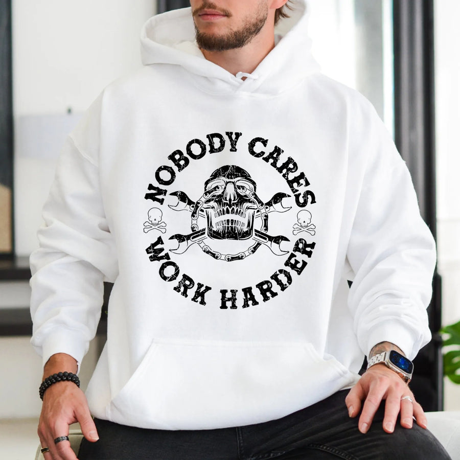 Nobody Cares Work Harder Hoodie | Skull Mechanic Tool Graphic | Premium Cotton Blend | Motivational Gym Apparel Gift For Men