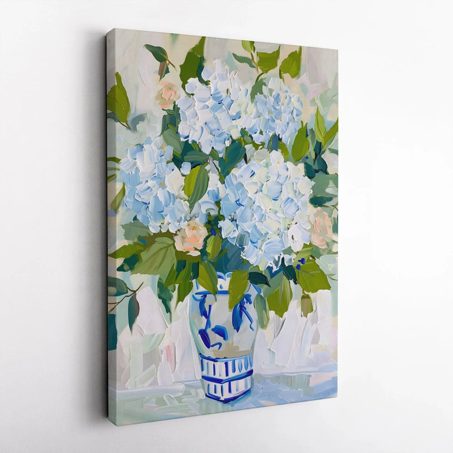 Blue Hydrangea Canvas Wall Art | Textured Floral Print in Blue and White Vase | Premium Gallery Wrapped Canvas | Grandmillennial Living Room Decor