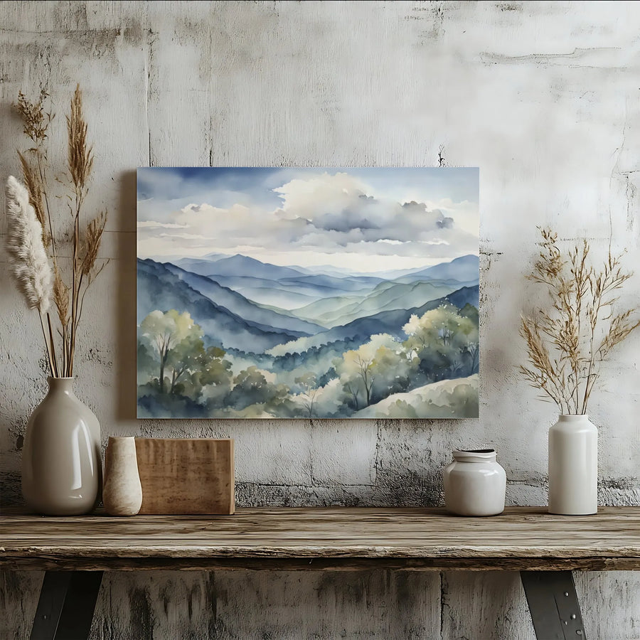 Misty Mountain Landscape Canvas Art | Watercolor Forest Wall Decor | Premium Fade-Resistant Gallery Wrap | Serene Nature Print Gift